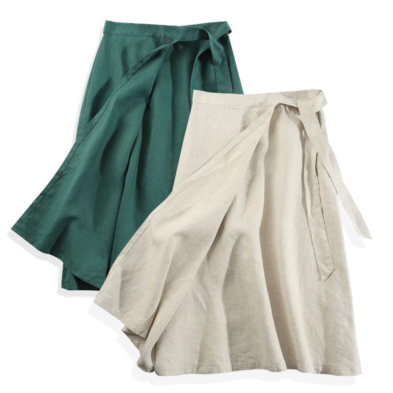 

Skirts Pure Linen Half Skirt Design Sense Side Bandage Medium Length High Waist Lace Up A-shaped Apron 2291Skirts, Dark green