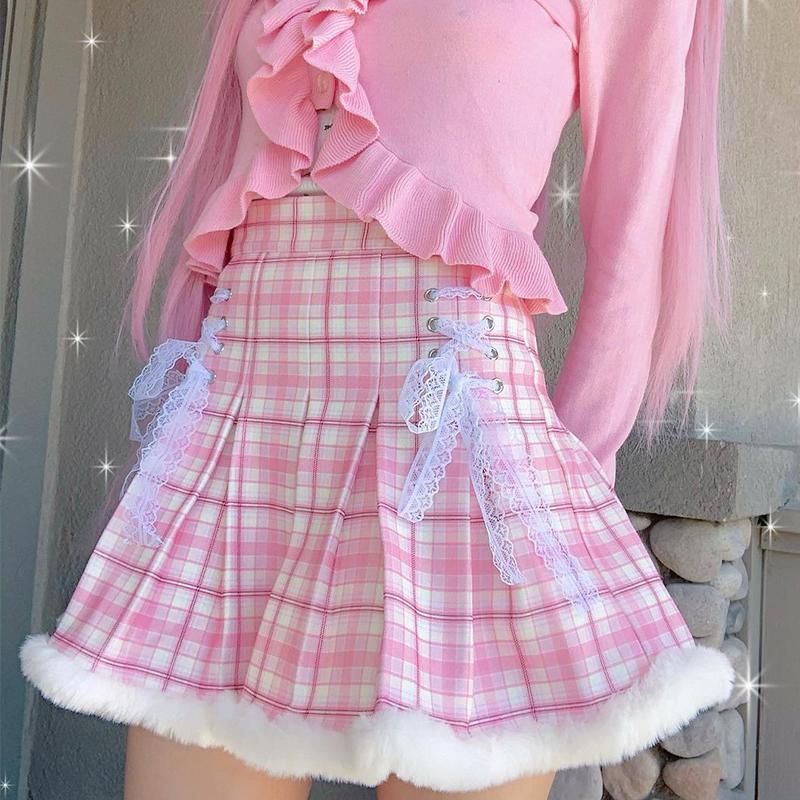 

Skirts Y2K Plaid Print Pleated Skirt High-waisted Lace Up Feather Patchwork Kawaii A Line Short Pink Lolita Japanese SkaterSkirts