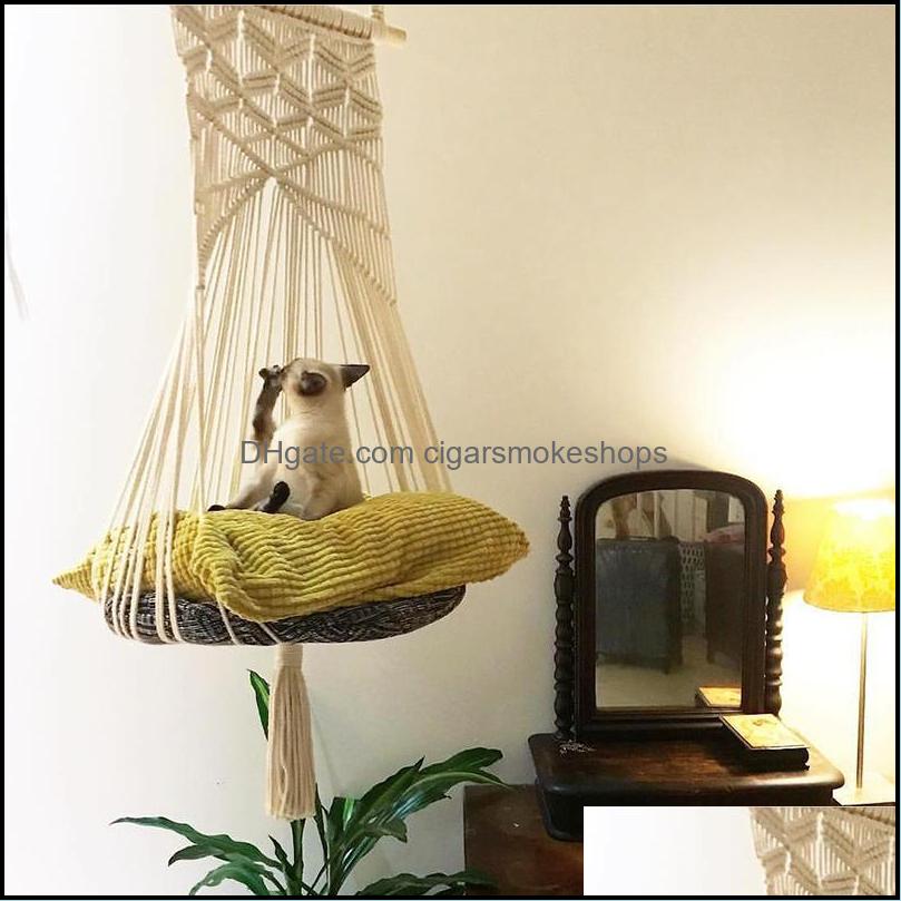 

Cat Swing Hammock Boho Style Cage Bed Handmade Hanging Sleep Chair Seats Tassel Cats Toy Play Cotton Rope Pets House Drop Delivery 2021 Beds