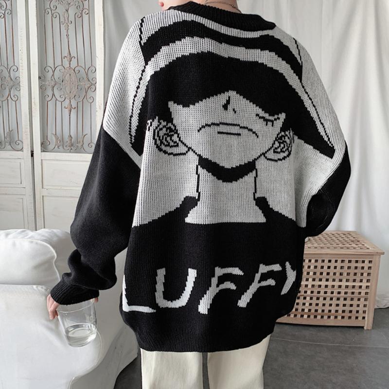 

Men's Sweaters Harajuku Anime Knitted Sweater Round Neck Straw Hat Pullovers Men's Autumn Winter Wear Loose Bf One Long-sleeved Piece Sw, Black