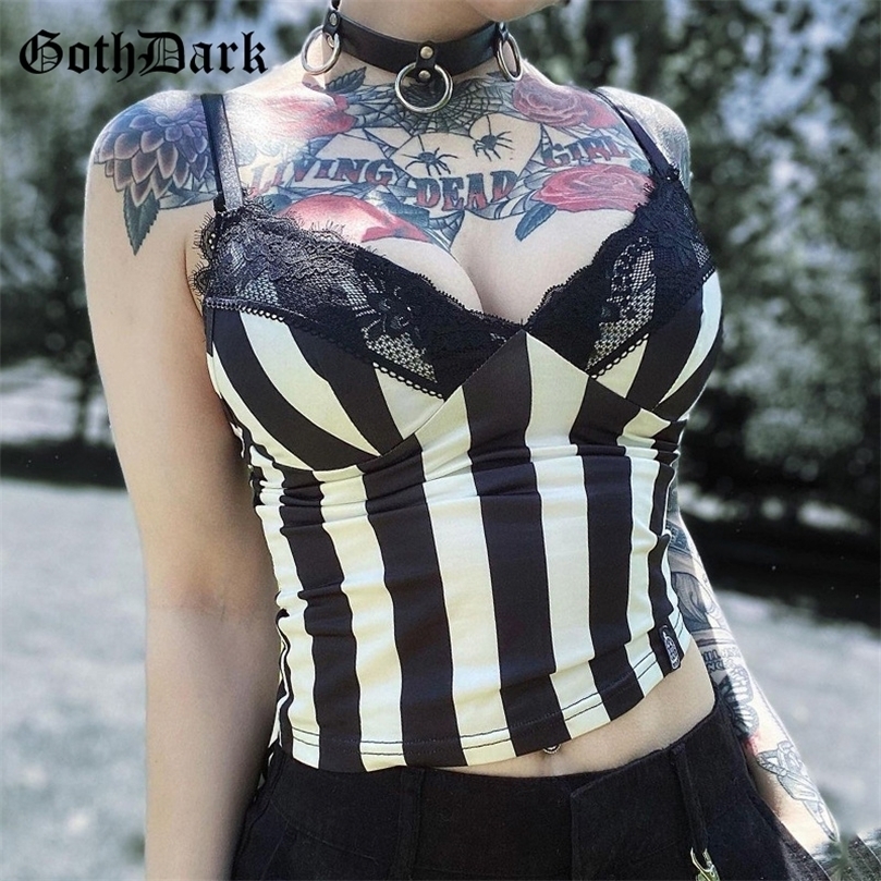 

Goth Dark Mall Gothic Aesthetic Women Sexy Camis Grunge Emo Striped Skinny Alt Clothes Punk E-girl V-neck Lace Patchwork Cropped 220407, Grey