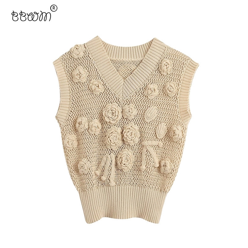 

Women Elegant Fashion Handmade Crochet Detail Knitted Vest Vintage V Neck Sleeveless Ribbed Trims Sweaters Chic Tops 210520, As picture