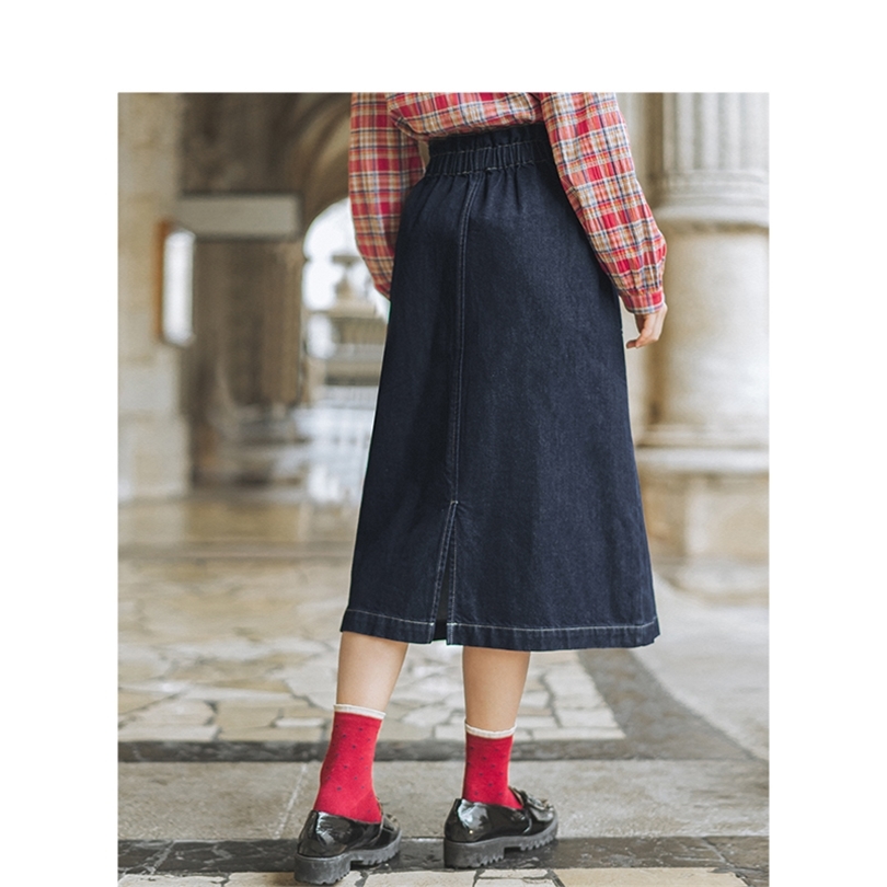 

INMAN Spring Autumn Elastic Waist Fashion All Matched Patch Pocket Casual Literary Retro Women Medium Jean Skirt 201110, Navy bule