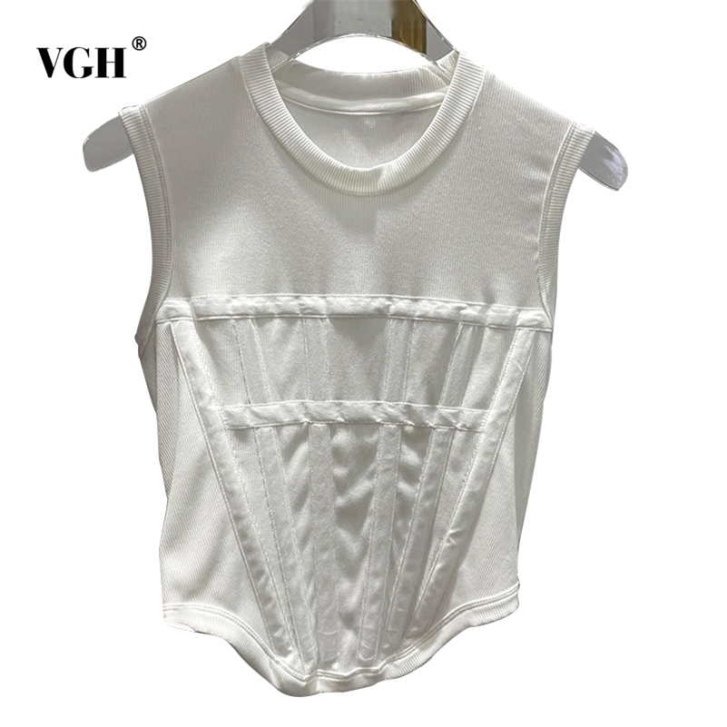 

VGH Casual White T Shirt For Women O Neck Sleeveless Patchwork Buckle Korean Slim Shirts Female Summer Fashion Clothing 220321