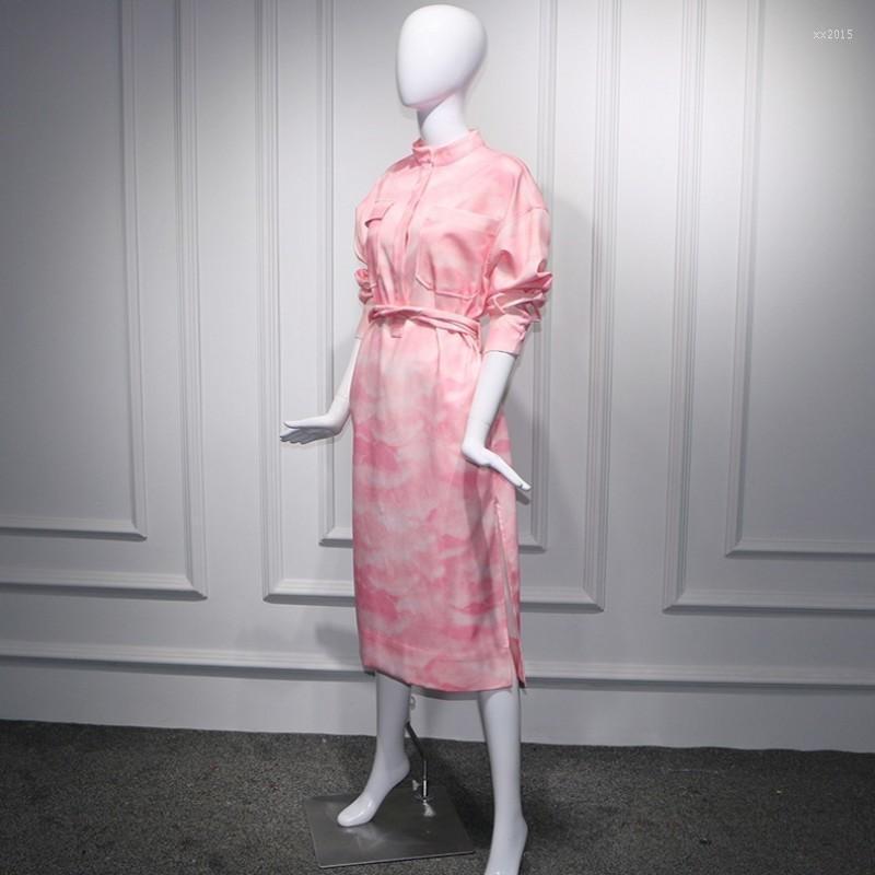

Casual Dresses High Quality Runway Designer Split Pink Dress Women 2022 Spring Summer Floral Printed Midi Long Loose Belt Fashion Clothes