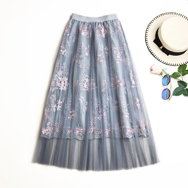 

Skirts 2022 Embroidery Pink Skirt Pleated Long Tulle Korean Women Japanese Floral A-line High Waist Female Style Clothing, Blue