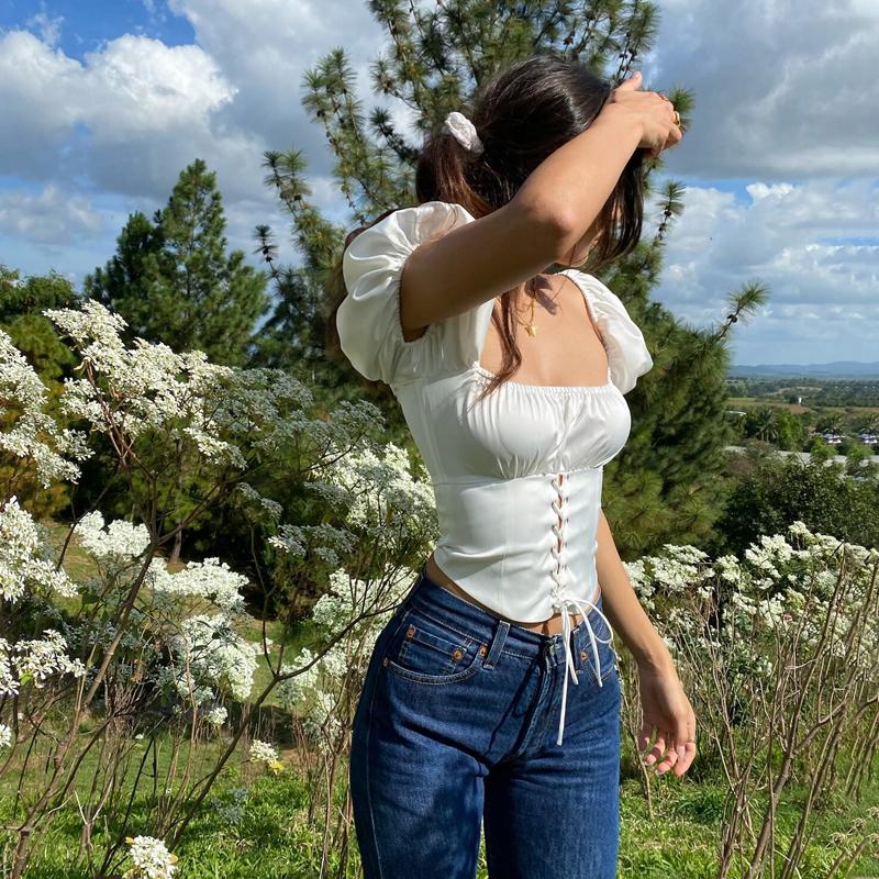 

Women' Tanks & Camis 2022 Summer Women Fashion Square Neck Pleated Lace Up T-shirt Pullover Solid Color Short Bubble Sleeve Navel