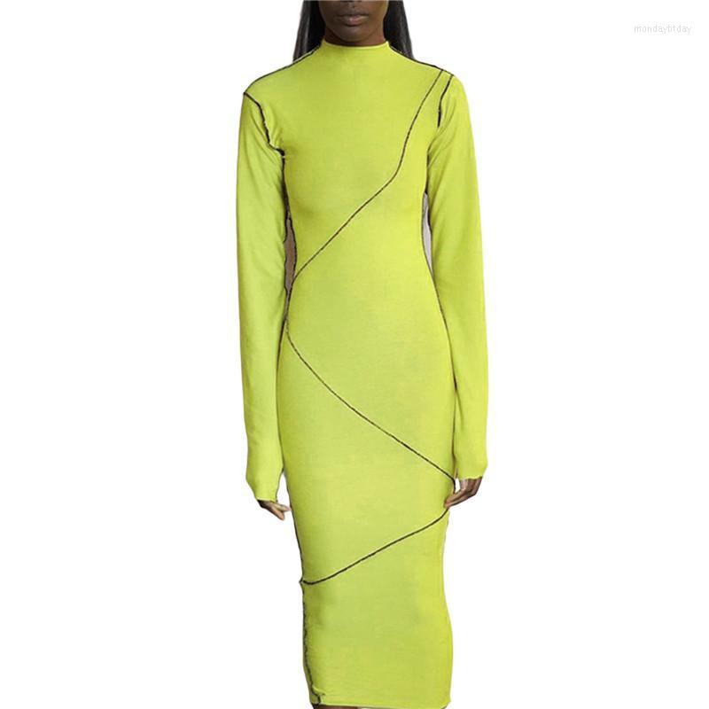 

Casual Dresses Fashion Women Solid Color Close-fitting High Neck Dress Long Sleeve Hollow Out Autumn Slim Bodycon Streetwear, Green