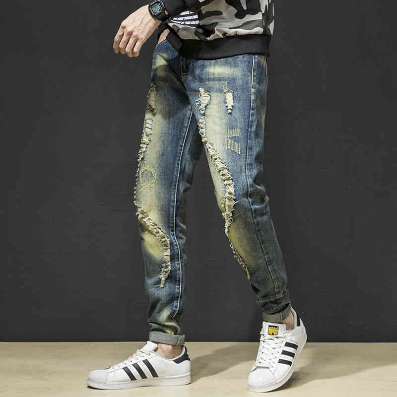 

Spring and summer ripped jeans men's slim brand nostalgic beggar fashion casual pants, Nostalgic color