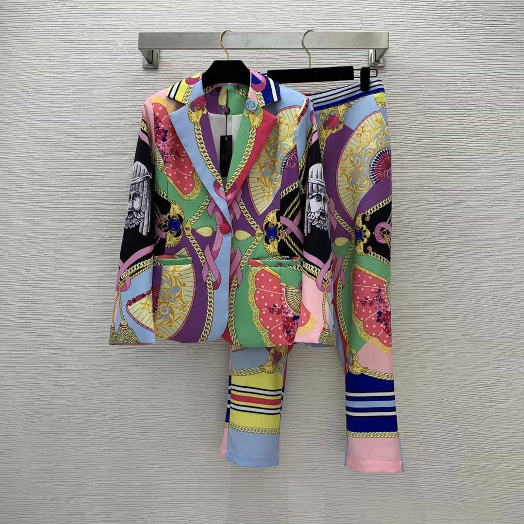 

Luxury Women' Two Piece Pants 2022 Autumn Lapel Neck Long Sleeve Print Coats Brand Same Style Designer Two Piece Sets 0714-05, Customize