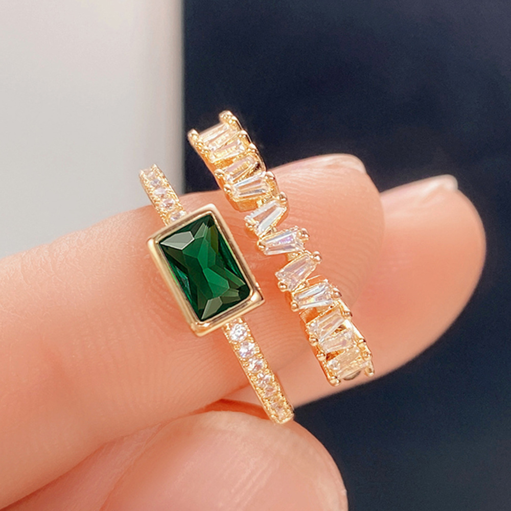 

Fashion Simple 2ROWS Green Cubic Zirconia Gold Filled Party Promise Finger Rings for Women Wedding Bridal Engagement Jewelry Lover Gift Open Size