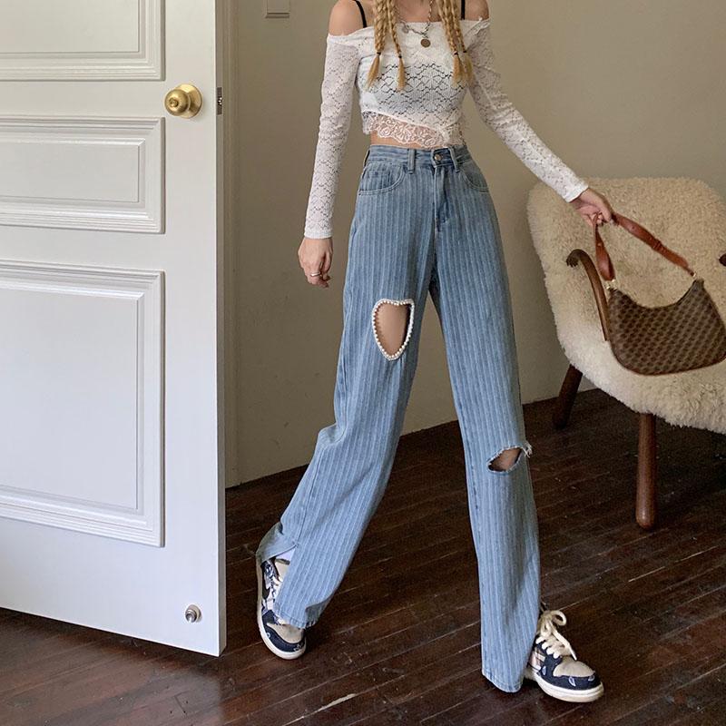 

Women' Jeans Fashion Women Hollow Ripped Blue Denim Pants Trousers High Waist Lady All-Match Classic Wide Leg