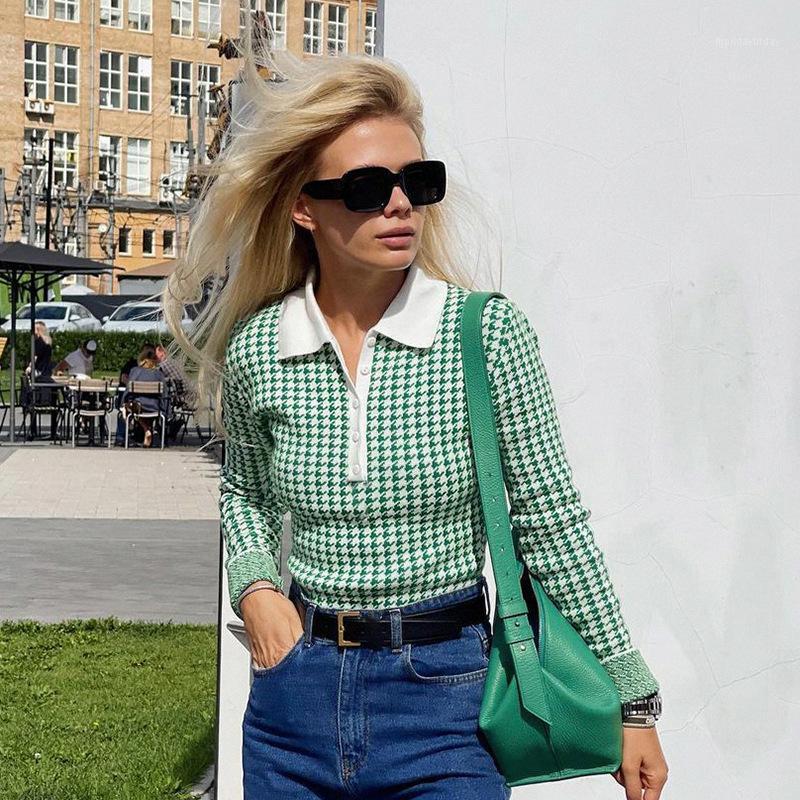 T-shirt femme loisirs High Street tricoté au début de l'automne 2022 personnage Grain revers simple boutonnage Onesie femmes combinaison à manche