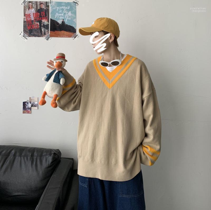 

Spring And Autumn Youth Fashion Men's Oversize Loose V-neck Sweater Casual Color Block Pullover Yellow/blue Sweaters