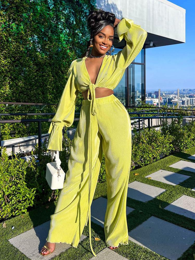

Women' Two Piece Pants Green Set Sexy Pleated Sets Womens Outifits Casual Loose Bandage Blouses Matching Wide Leg Trousers Suit 2 PieceWome, Blue