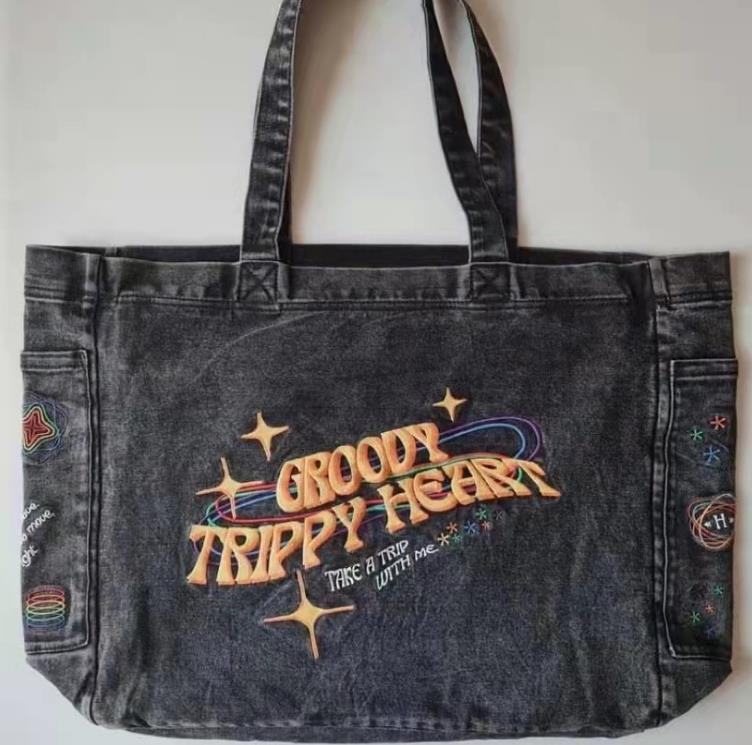 

Denim Smoke Grey Embroidered Casual Large Capacity Canvas Bag Zipper Shopping Bag, Black