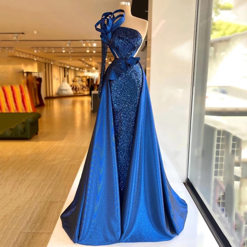 

Arabic Aso Ebi Navy Blue Sequined Sexy Evening Dresses One Shoulder Cutaway Sides Backless With Detachable Skirt Formal Party Gowns Prom Dress, Royal blue