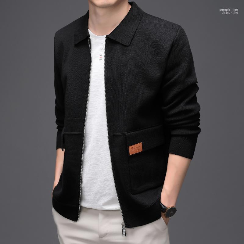 

Trendy Zipper Pocket Cardigan Jacket Men Autumn Winter Turn Down Collar Sweater Fashion Big Size Warm Men's Sweaters, Black