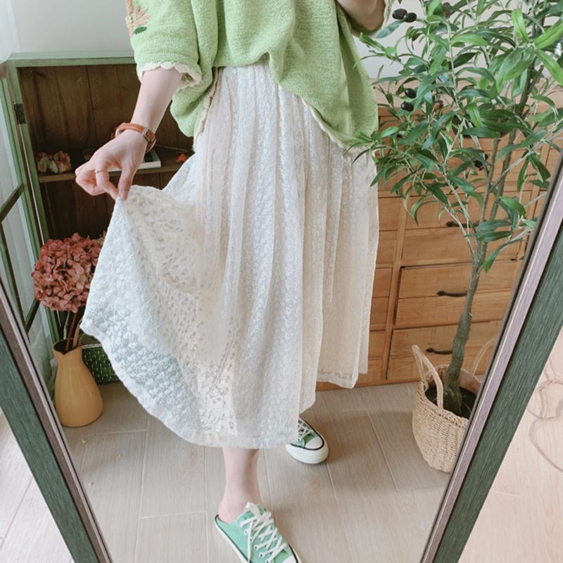 

Skirts Spring Autumn Original Design Women Mori Kei Delicate Lace Embroidery Empire Elastic Waist Pleated SkirtsSkirts, Creamy-white