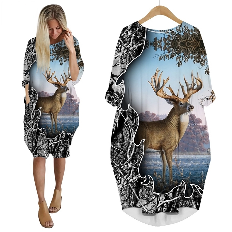 Animal cerf chasse wapiti robe 3D imprimé à manches longues Streetwear Harajuku femme Hip Hop Style femmes robes de poche W220616