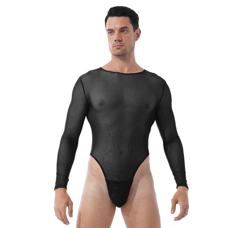 

Men's G-Strings #M-XXL Men See-through Mesh Bodysuit Long Sleeve Thongs Sleepwear Back Zipper Leotard Slim Fit Jumpsuit Pole Dancing Costume, Black