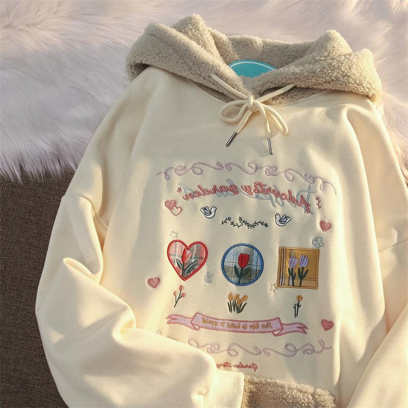 

Women's Hoodies & Sweatshirts Floral Embroidery Niche Design Wool Cute Pink Blouse Hoodie Womens Autumn And Winter College Lazy Wind Plus Ve