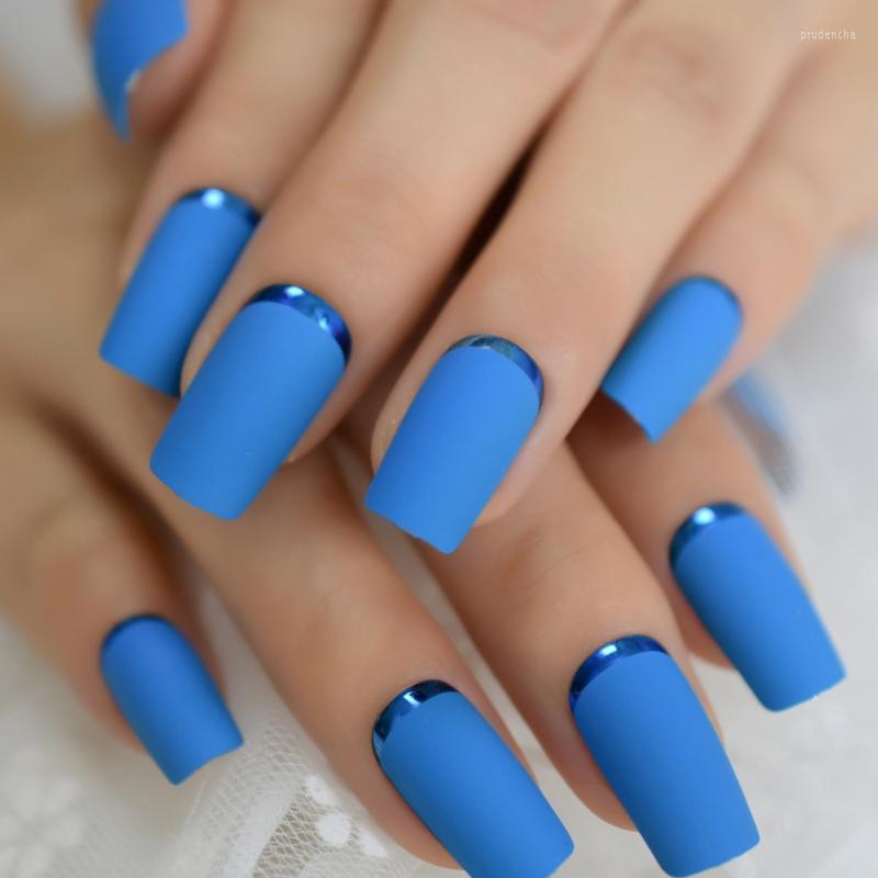 

False Nails Medium Square Nail Art Tips Matte Plastic Artificial Fingernails Blue Simple Unique For Design Prud22, L5195