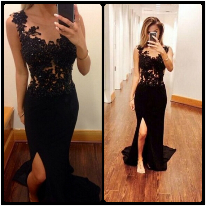 

Sexy Black Mermaid Evening Dress Side Slit Sheer Lace Appliques Prom Dresses 2016 Beaded Party Formal Gown robe de soiree, Dark green