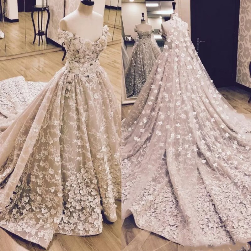 

Luxury Handmade 3D Flowers Wedding Dress With Appliqued Off Shoulder Country Chapel Court Train Custom Made Wedding Dresses Bridal Gowns, Custom made from color chart