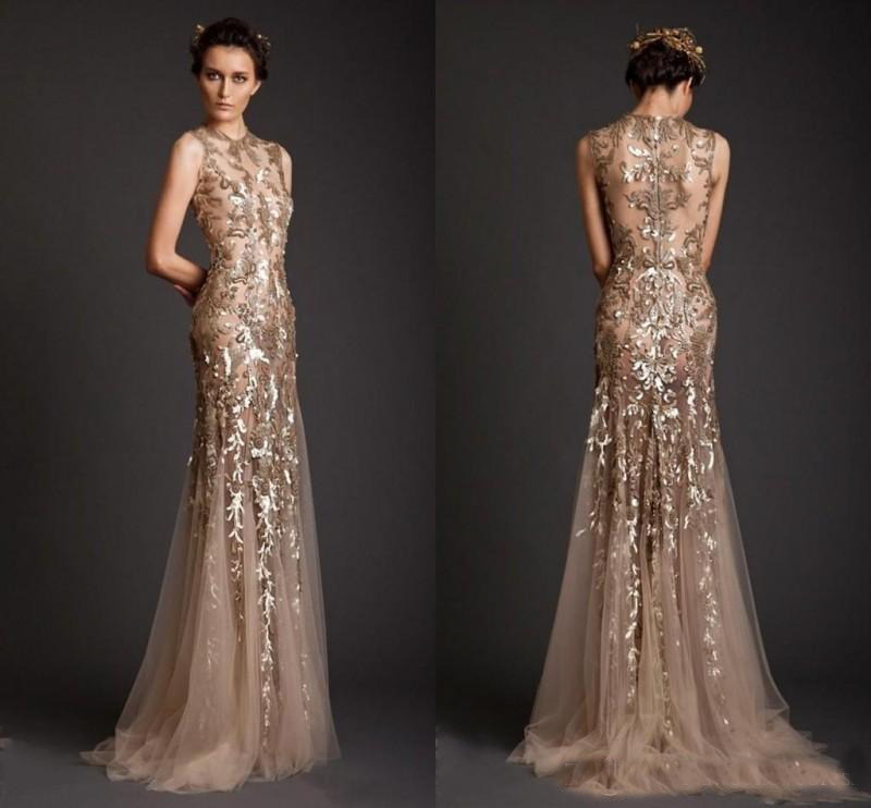 

2019 Sparkly Gold Mermaid Evening Dresses Krikor Jabotian Sheer See Through Applique Prom Dress Emboridery Long Formal Dubai Gowns, Black