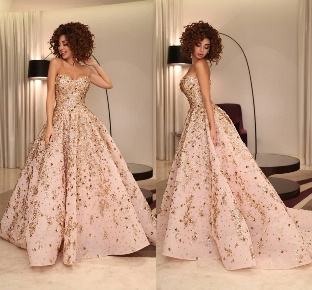 

100% Real Image Ball Gown Evening Dresses Sweetheart Sequins Crystal Appliques Satin Myriam Fares Celebrity Dresses Formal Prom Dress, Same as picture