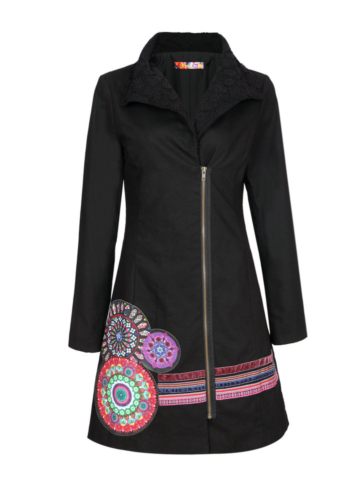 Wholesale-2015 K&H design new style trench coat top quality black color overcoat for women zippers and flower pattern