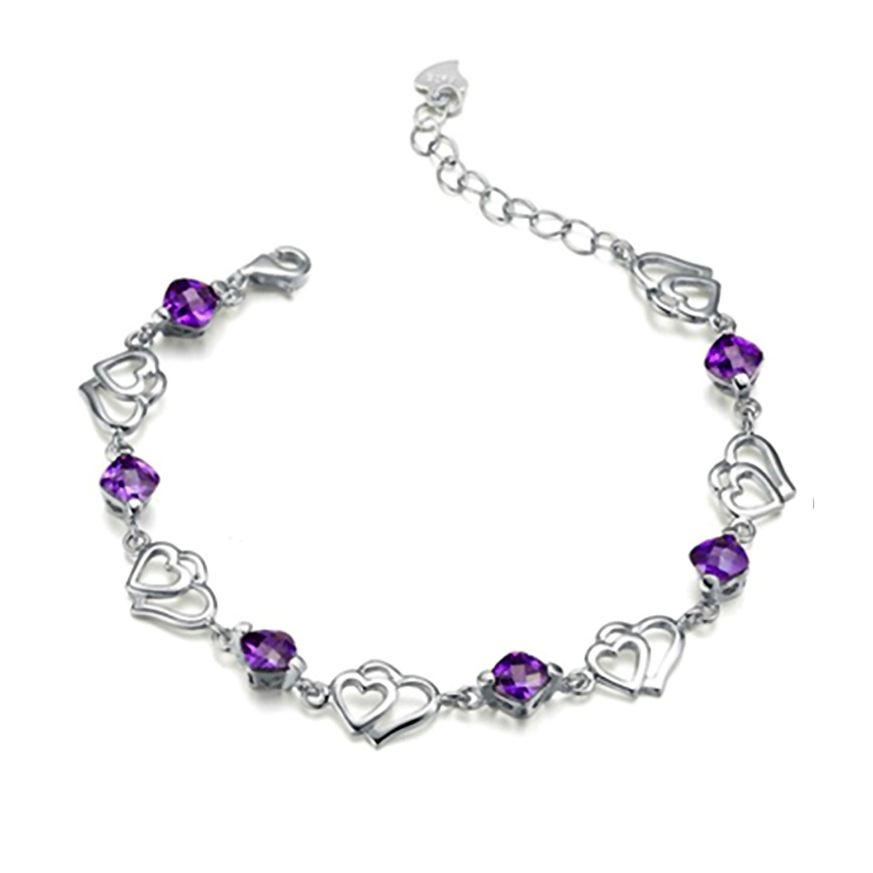 Livraison gratuite avec numéro de suivi Valette supérieure 925 Bracelet en argent Double Purple Crystal Heart Pendant Bracelet Silver Jewelry 10p