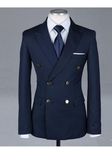 

Formal Tuxedos Fashion Men Suits Custome Homme New Style Slim Fit(Jacket+Pant+Tie+Handkerchiefs)Navy Bule Double Breasted Suits, Blue