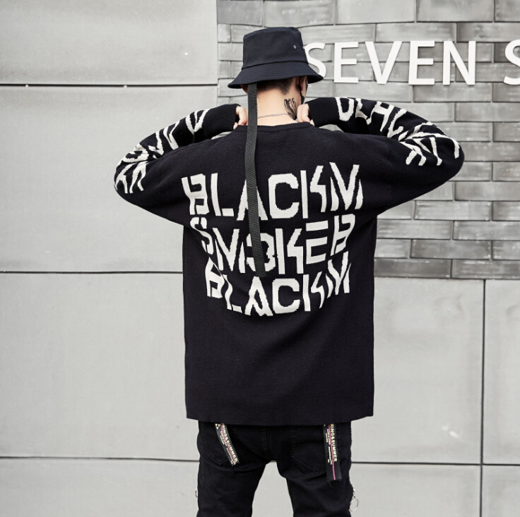 

Men Knitted Sweaters Autumn Fall Winter Letters Printed Black Pullovers Loose O-neck Street Male Sweater Tops Clothing, Black with white