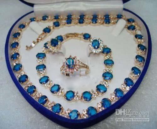 

Blue Stone Sapphire 18KT Yellow Set Crystal Necklace Bracelet Earrings Ring Jewelry set, Slivery;golden