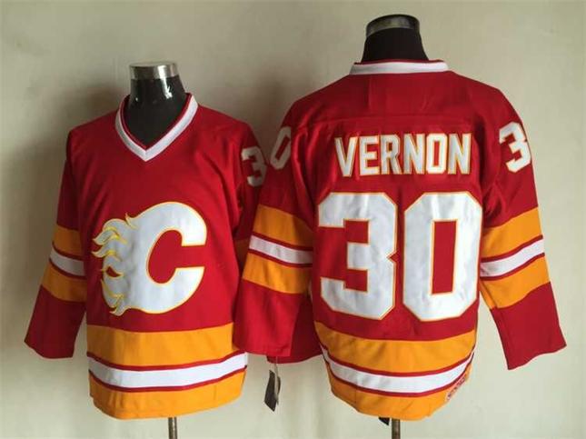 

Top Quality ! Men Calgary Flames Ice Hockey Jerseys Cheap 30 Mike Vernon Red White Retro Vintage CCM Stitched Jerseys Mix Order