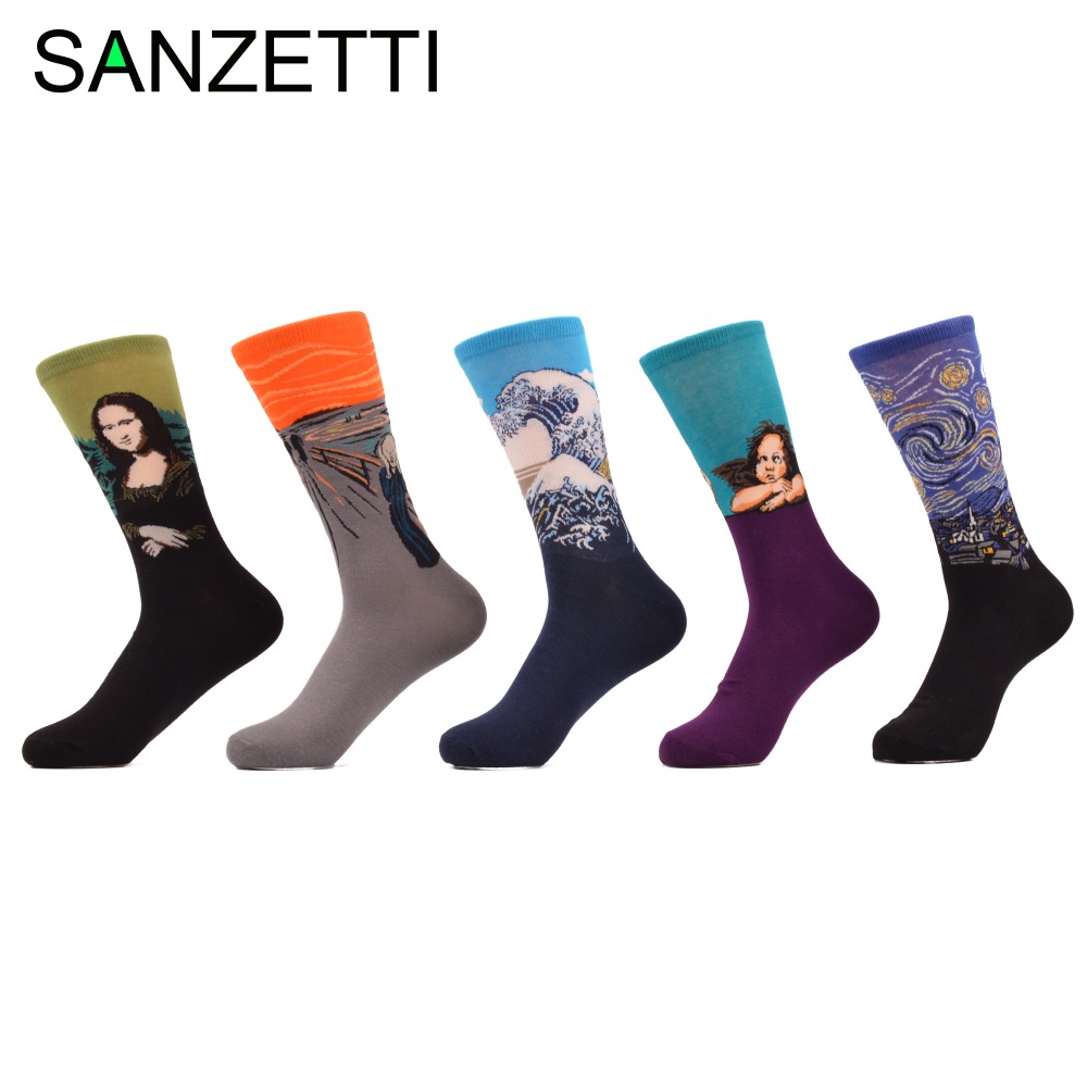 

Wholesale- SANZETTI 5 pair/lot Men's Funny Socks Painting Mona Lisa Gogh Hokkaido Happy Socks Combed Cotton Socks, 01