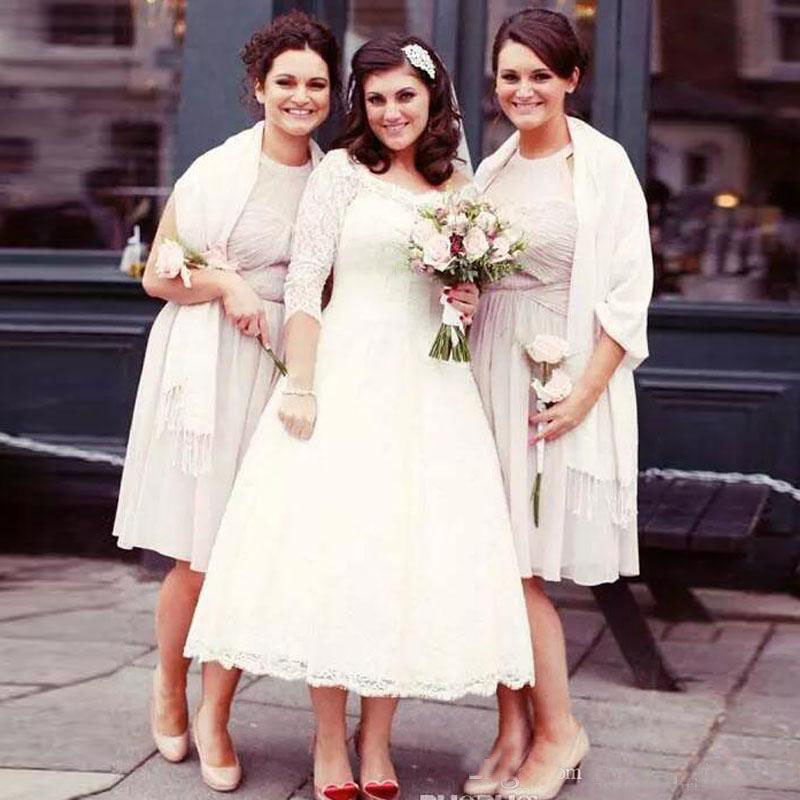 

Lace Short Wedding Dresses 3/4 Long Sleeves Country Garden Tea Length Bridal Gowns Sheer Neck Custom Size Wedding Bride Gowns, Same as image