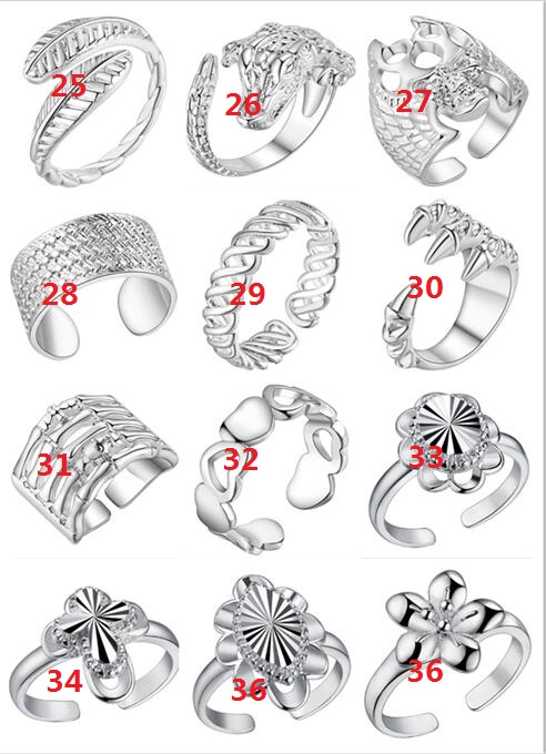 

2018 new Fashion Plated 925 Sterling Silver Ring Can be adjusted Opening Ring Love heart FLOWER Leaf Loong Rings mix 12 style 12pcs