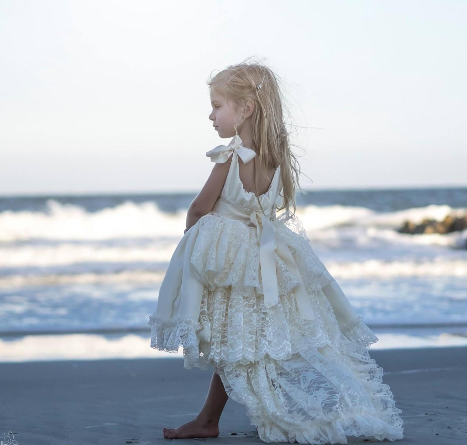 

Satin Lace Ivory Princess Pageant Dresses for Girls Ribbon Straps Beaded Crystals Flower Girls Dresses High Low Boho Beach Wedding Bridal, Orange