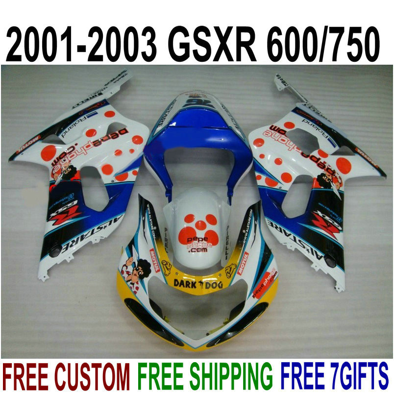 

ABS plastic bodykits for SUZUKI GSX-R600 GSX-R750 01 02 03 fairing kit K1 GSXR 600/750 2001-2003 blue GARK DOG fairings set SK54, Same as picture