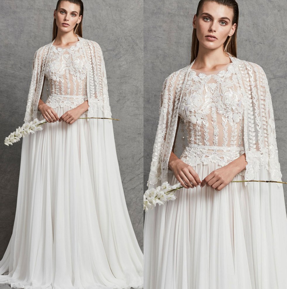 

Zuhair Murad Wedding Dresses With Cape Sheer Jewel Neck A Line Lace Appliqued Chiffon Plus Size Bridal Gowns Sequined Vestido De Novia, Champagne