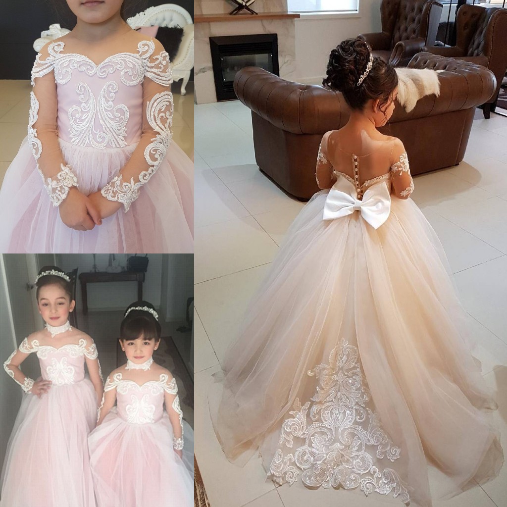 

New Lovely Pink Tulle Long Sleeves Weddings Flower Girl Dresses with Choker Bowknot Lace Applique Beaded Pearls Girls Pageant Dresses, Light yellow