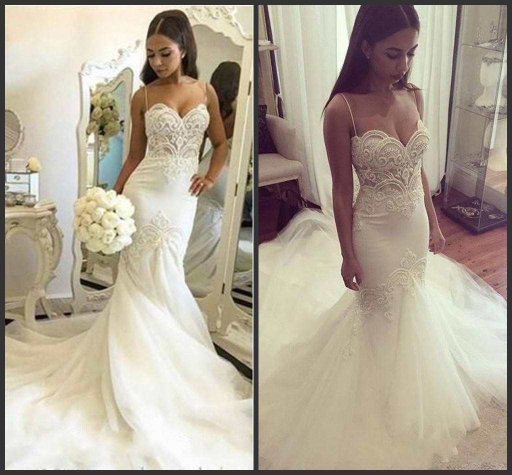 

2020 Cheap Sexy Plus Size Mermaid Wedding Dresses Spaghetti Straps Lace Appliques Pearls Illusion Tulle Long Court Train Formal Bridal Gowns, Ivory