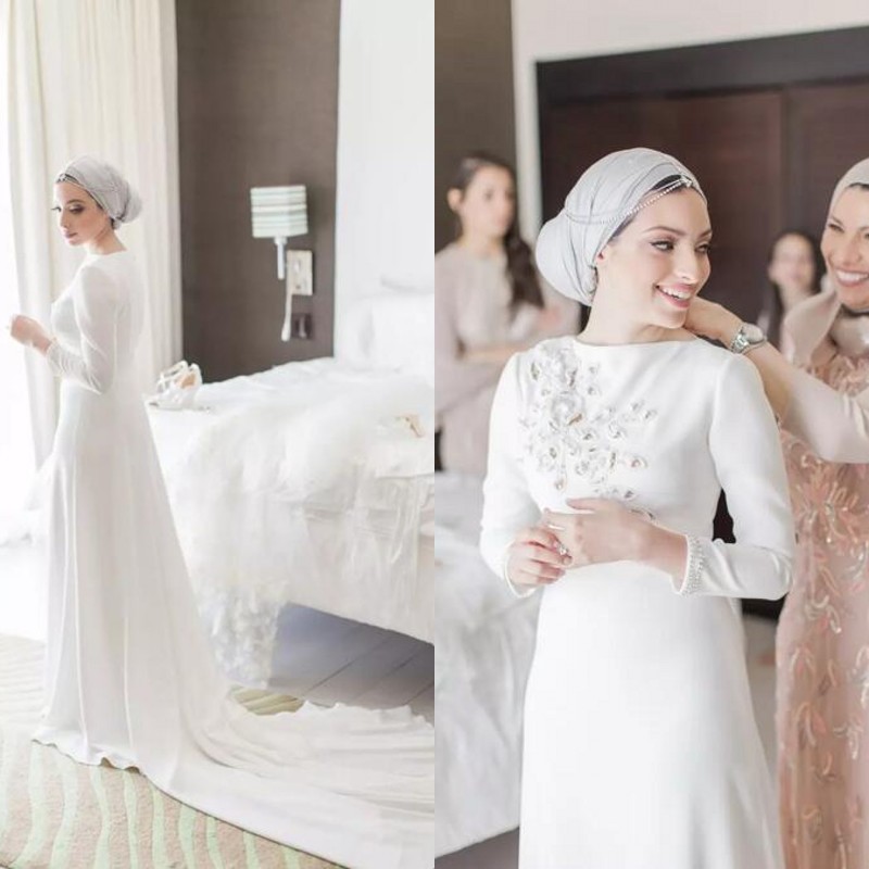 

2018 Muslim Wedding Dresses Modest White Chiffon Long Sleeve Embroidery With Crystals Beads Beach Bridal Gowns Custom Made China EN11015, Black