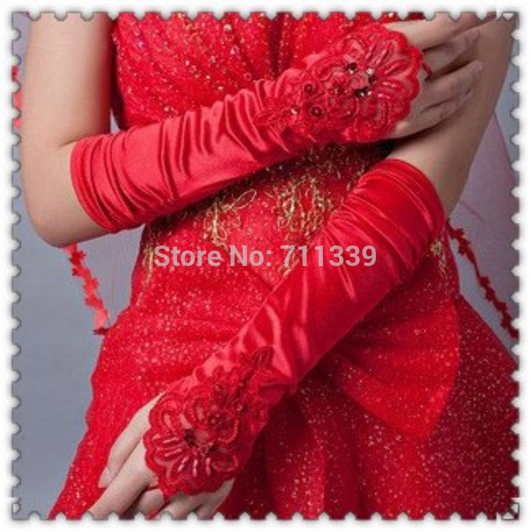 

New Long Red White Ivory Wedding Glove satin Lace Flower Beaded Sequin Opera Fingerless Bridal Gloves