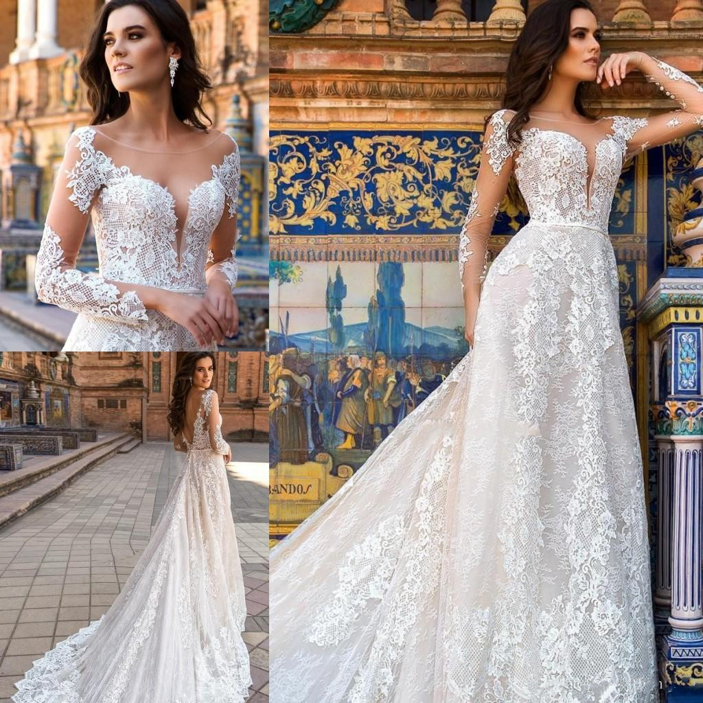 

Vintage Full Lace Applique Wedding Dresses Sheer Jewel Long Sleeves Wedding Dress Sweep Train Plus Size Bridal Gowns, Champagne