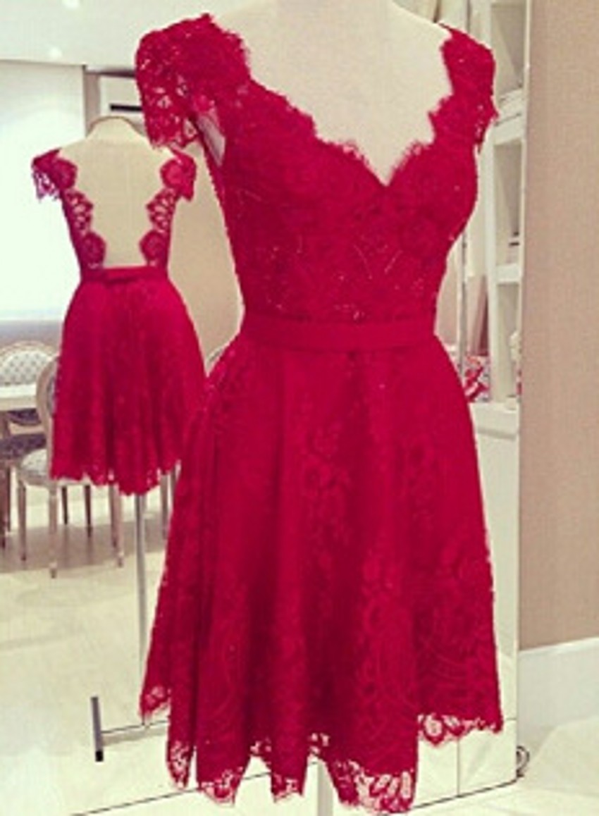 Elegant Red Lace Short Sleeves Sexy Backless Short mini A line Cocktail Party Dresses High quality