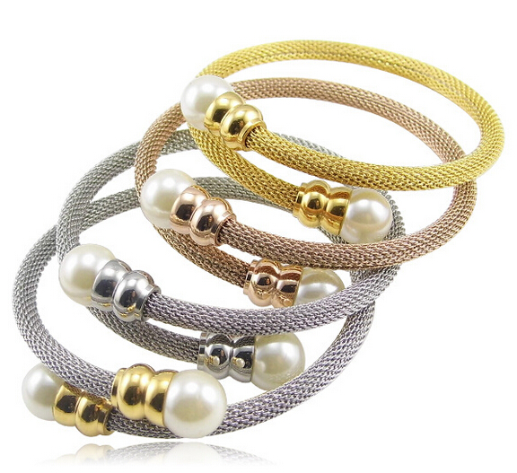 

Choose Four Color White pearl Design Women Bracelets Stainless Steel Wire stretch Cuff Bangle Nice